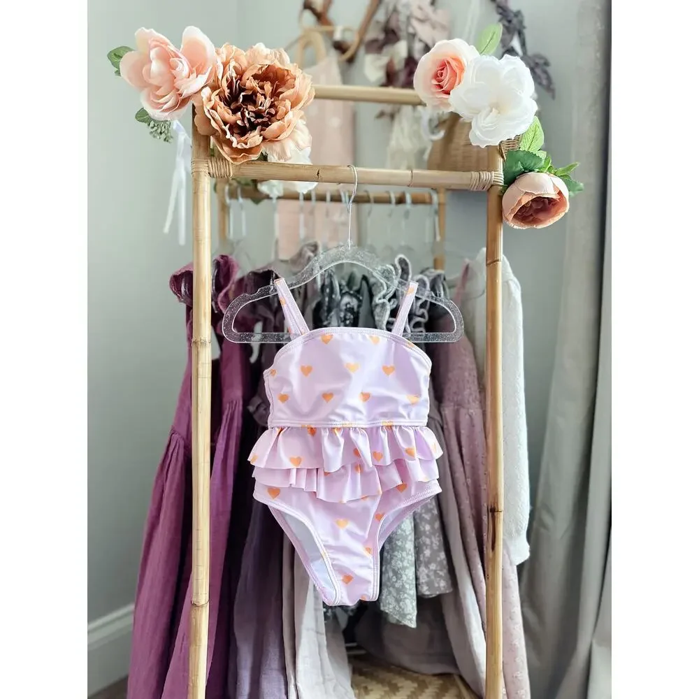 New Darling Heart Print Blush Pink Frill Trim 2pc Cami Swimsuit 4T
